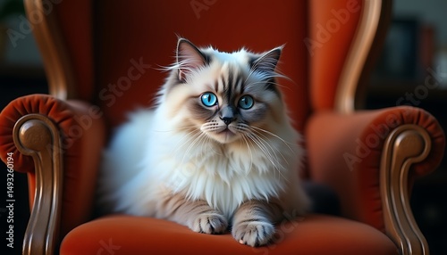 Ragdoll cat blue eyes fluffy pet on red armchair feline