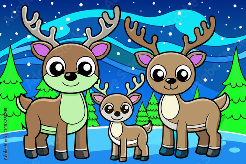 Reindeer family under northern lights vector illustration