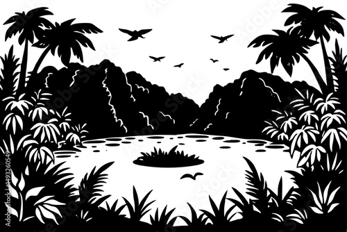 Lush jungle lagoon with vibrant birdlife vector illustration