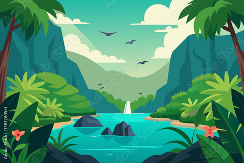 Hidden lagoon surrounded by lush jungle and birds vector illustration