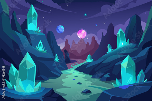 Hidden valley filled with glowing crystals and magic vector illustration