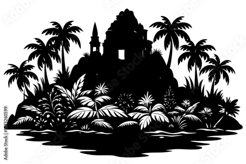 Lush jungle-covered island with ancient ruins vector illustration
