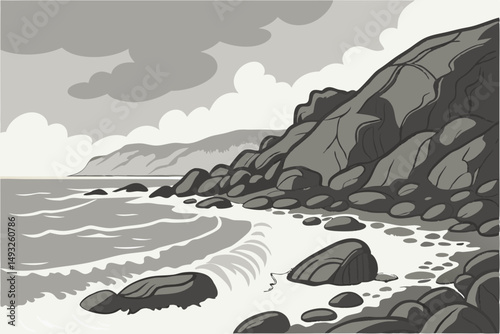 Rocky coastline with crashing waves under cloudy sky vector illustration