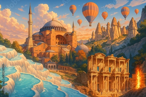 Colorful landscape with hot air balloons over ancient Turkey ruins  