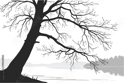  long tree trunk, bare branches reaching out, floating on water, serene landscape, black and white, moody atmosphere, still lake, minimal composition, haunting, ethereal, dramatic lighting, nature p