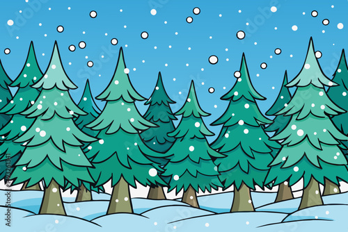 Snowy pine forest with falling snowflakes vector illustration