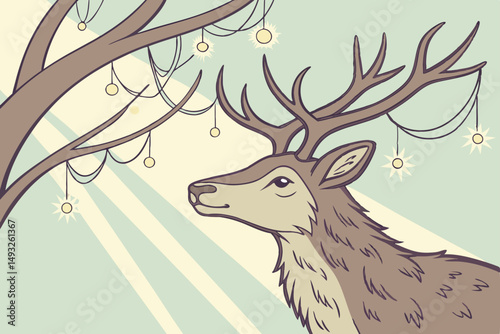Deer with glowing ornaments in antlers vector illustration