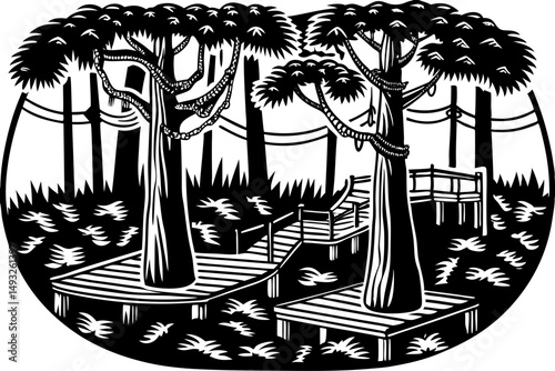 Flooded jungle with wooden walkways weaving through vector illustration