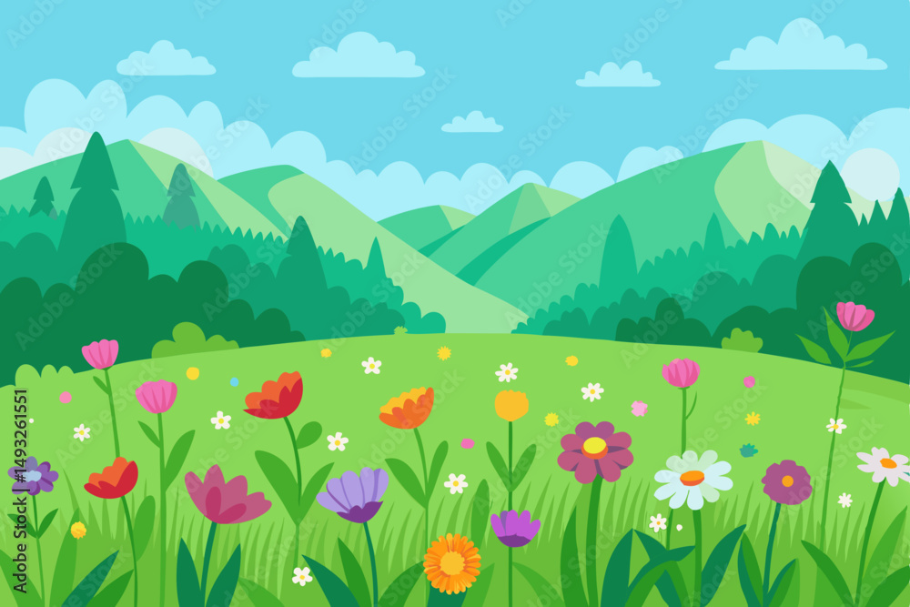 Naklejka premium Lush green meadow dotted with colorful wildflowers vector illustration