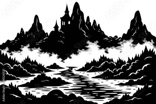 Mysterious landscape shrouded in thick mist vector illustration
