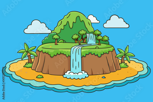 Remote island with waterfall cascading into ocean vector illustration