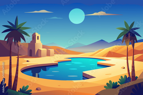 Mystical oasis in desert with palm trees vector illustration