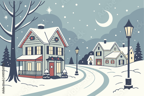 Peaceful snowy night in Christmas village vector illustration