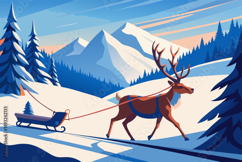 Reindeer pulling sleigh through snow vector illustration