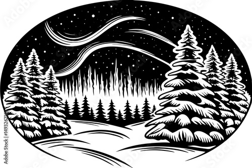 Northern lights over snowy forest vector illustration