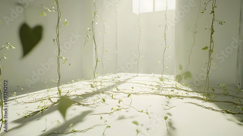 Empty white room, vines, sunlight, shadows, heart shapes.  Gentle greenery fills a minimalist space.  Soft light streams through a window