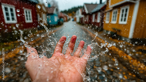 Cinematic First-Person Shot of Hand Reaching into the Rain in a Quiet Mountain Town – Emotional Moody Scene with Realistic Lighting and Dramatic Atmosphere