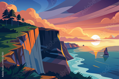 Breathtaking cliffside overlooking vast ocean vector illustration
