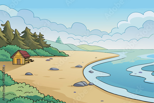 Foggy morning on quiet beach with gentle waves vector illustration