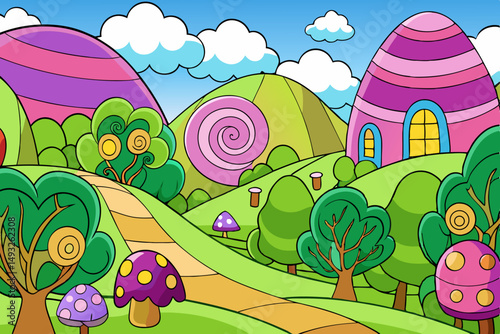 Fairytale landscape with rolling green hills vector illustration