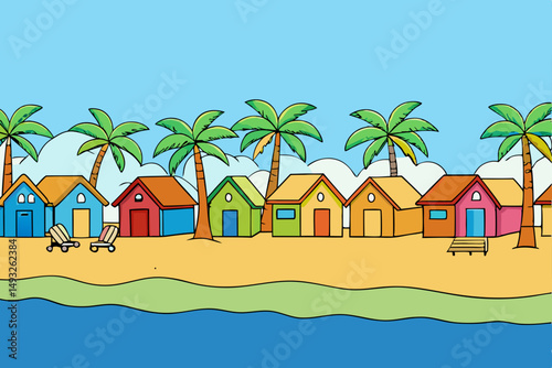 Palm-lined beach with colorful huts along shore vector illustration