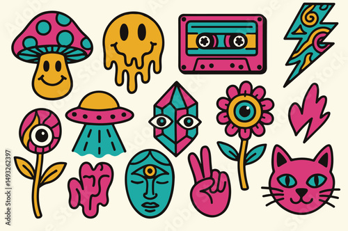 Psychedelic Sticker Vector Collection – Hand Drawn Funky Icons with Mushrooms, UFO, Third Eye Faces, Eyeball Flowers, Lightning, Peace Signs and Cassette Tape in Groovy Colorful Retro Cartoon Style

