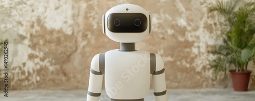 Friendly robot advisor standing modern space, showcasing its advanced technology and design. This innovative assistant is ready to help with