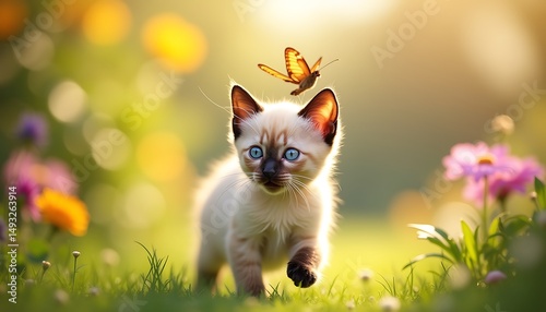 Siamese kitten with butterfly in a sunny meadow scene