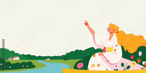 A serene illustration captures a woman's boat journey. She is surrounded by a backdrop of flourishing nature, pointing toward the beautiful sky. A visual story of exploration, discovery.