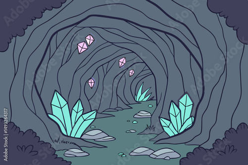 Glowing cave filled with luminescent crystals vector illustration
