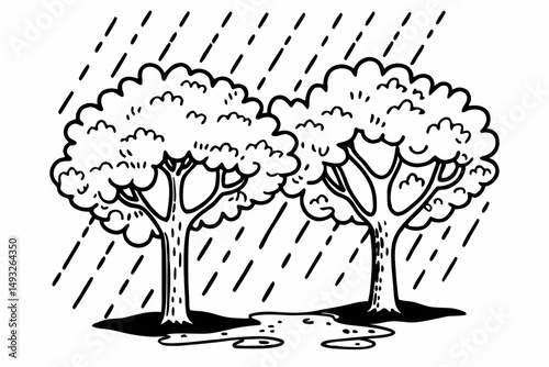 Heavy rainstorm in dense forest with droplets glistening vector illustration