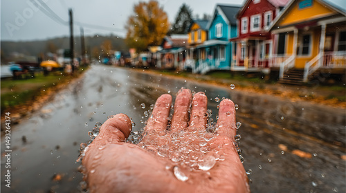 Cinematic First-Person Shot of Hand Reaching into the Rain in a Quiet Mountain Town – Emotional Moody Scene with Realistic Lighting and Dramatic Atmosphere