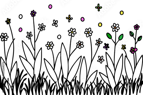 Lush green meadow dotted with colorful wildflowers vector illustration