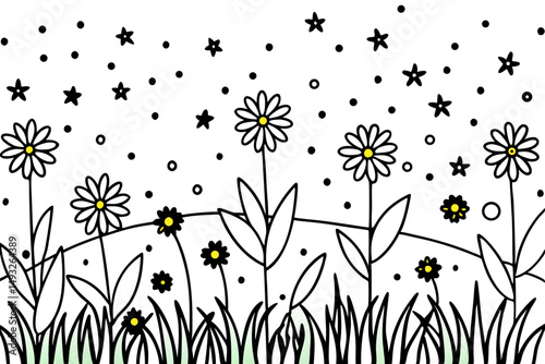Lush green meadow dotted with colorful wildflowers vector illustration