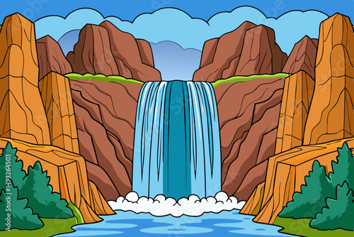 Powerful cascade plunging into rocky canyon vector illustration