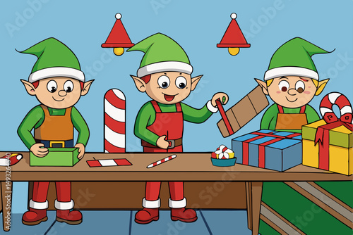 Elves working in Santa’s workshop cartoon vector illustration