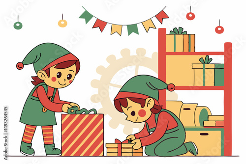 Elves working in Santa’s workshop cartoon vector illustration