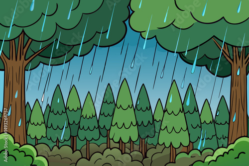 Heavy rainstorm in dense forest with droplets glistening vector illustration
