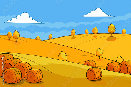 Golden autumn field with scattered hay bales vector illustration