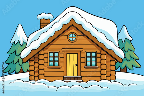 Cozy wooden cabin surrounded by thick blanket of snow vector illustration