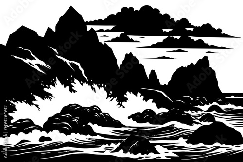 Rocky coastline with crashing waves under cloudy sky vector illustration