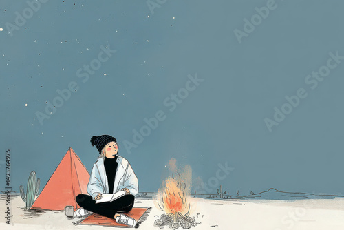 Stylized person meditating by tent and fire under a muted sky, evoking silence, focus, stillness and spiritual retreat in a minimalist and calm wilderness space.