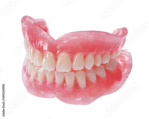 Close-up of a complete set of pink dentures, showcasing realistic tooth detail against a clean white background.