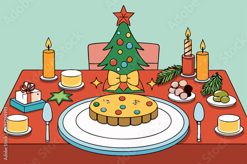 Christmas table setting with pine and cinnamon vector illustration
