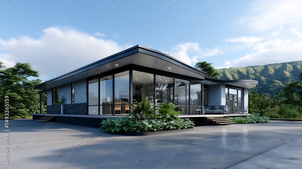 Fototapeta premium Modern home with large windows, set amid lush greenery, mountains behind
