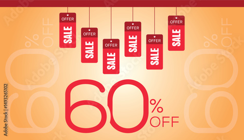 Creative 60% off sale banner with hanging red tags labeled “SALE” and “OFFER”, ideal for e-commerce promotions. for E-commerce Business