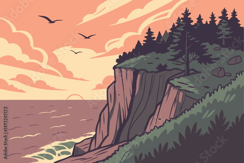 Breathtaking cliffside overlooking vast ocean vector illustration