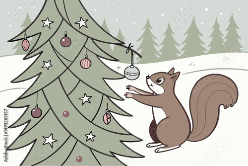 Squirrel hanging ornaments on pine tree vector illustration