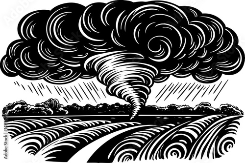 Dark sky with swirling tornado clouds above field vector illustration