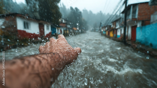 Cinematic First-Person Shot of Hand Reaching into the Rain in a Quiet Mountain Town – Emotional Moody Scene with Realistic Lighting and Dramatic Atmosphere